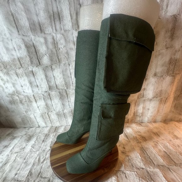 Unique Green Denim Heel Boots With 2 Pockets With Velcro Closures - Picture 2 of 9